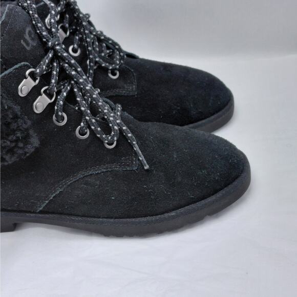 UGG Womens Boots Size 6 Black Suede Shearling Fur Lined Winter Ankle Lace Up New - Picture 4 of 12